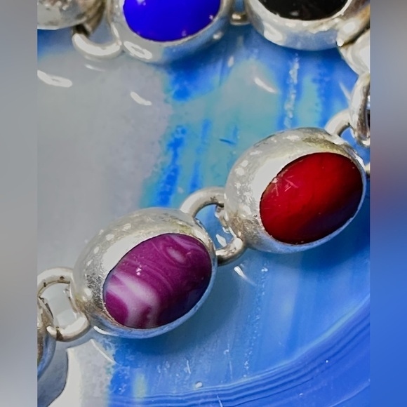 Vtg 23g Sterling Bracelet 6.5 Multi Gemstone Cabochon Onyx Lapis Coral 4127 B - Picture 1 of 12